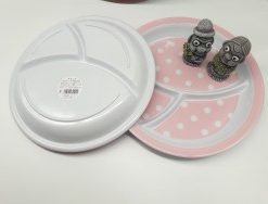 Khay ăn chia 3 ngăn cho bé họa tiết chấm bi, dáng tròn màu hồng nhạt