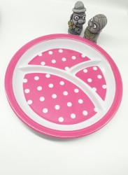 Khay ăn chia 3 ngăn cho bé họa tiết chấm bi, dáng tròn màu hồng đậm