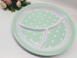 Khay ăn chia 3 ngăn cho bé họa tiết chấm bi, dáng tròn màu xanh lá